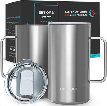 Stainless Steel 16 oz Vacuum Insulated Coffee Mug with Handle and Lid, Large Thermal Camping Coffee Mug Cup with Durable Sliding Lid for Men & Women, Keeps your Beverages Hot & Cold