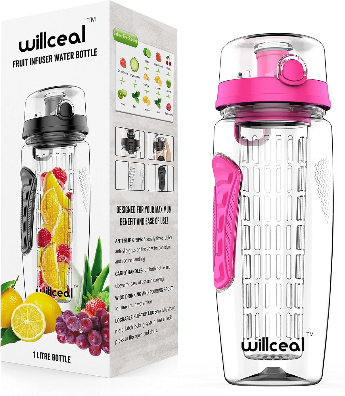 Fruit Infuser Water Bottle 32oz- Durable, Large - BPA Free Tritan, Flip Lid, Leak Proof Design - Sports, Camping