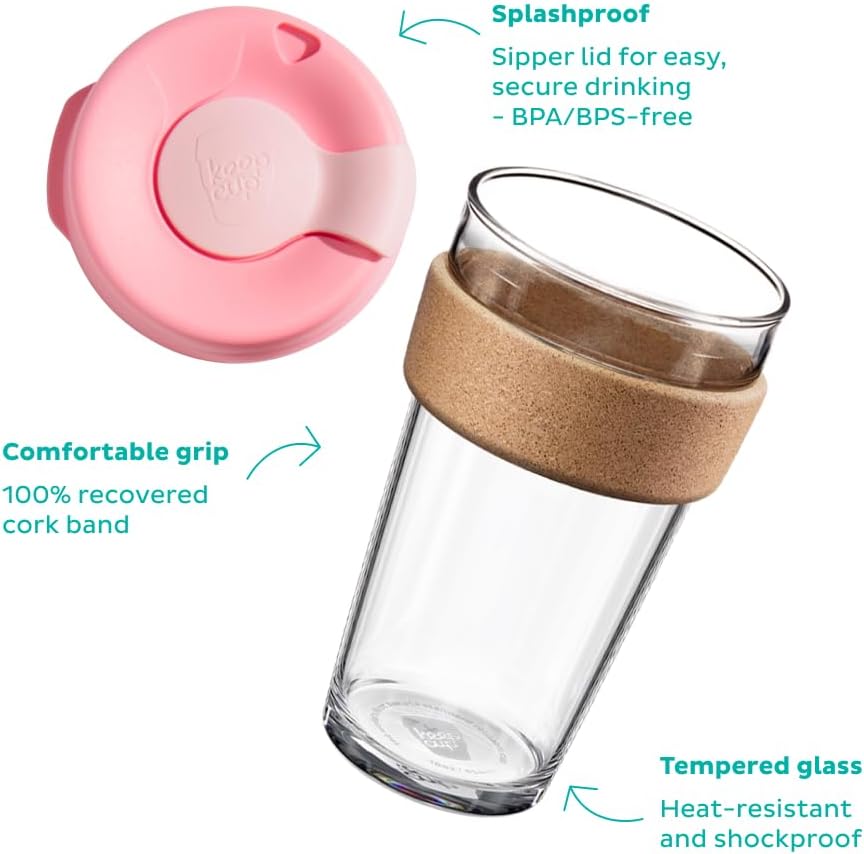 Brew Cork, Reusable Glass Tumbler with Natural Cork, Tall Coffee Cup 12oz / 340ml - Pine