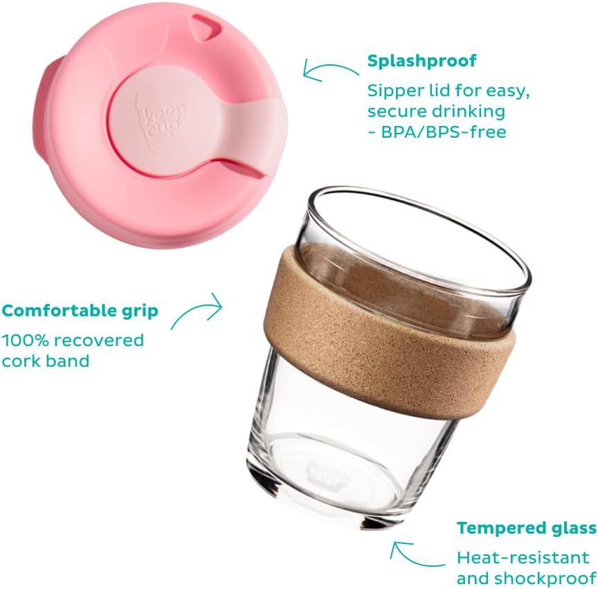 Brew Cork, Reusable Glass Tumbler with Natural Cork, Tall Coffee Cup 12oz / 340ml - Pine