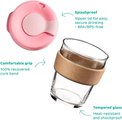 Brew Cork, Reusable Glass Tumbler with Natural Cork, Tall Coffee Cup 12oz / 340ml - Pine