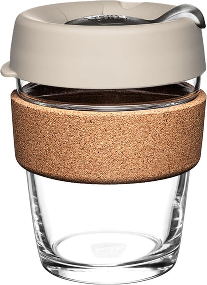 Brew Cork, Reusable Glass Tumbler with Natural Cork, Tall Coffee Cup 12oz / 340ml - Pine