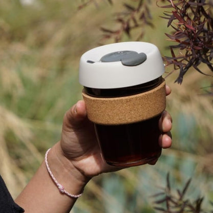 Brew Cork, Reusable Glass Tumbler with Natural Cork, Tall Coffee Cup 12oz / 340ml - Pine