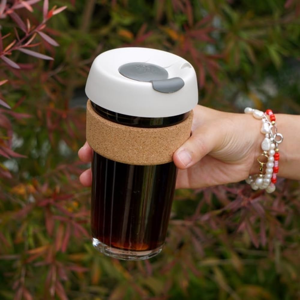 Brew Cork, Reusable Glass Tumbler with Natural Cork, Tall Coffee Cup 12oz / 340ml - Pine