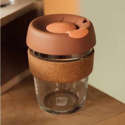 Brew Cork, Reusable Glass Tumbler with Natural Cork, Tall Coffee Cup 12oz / 340ml - Pine