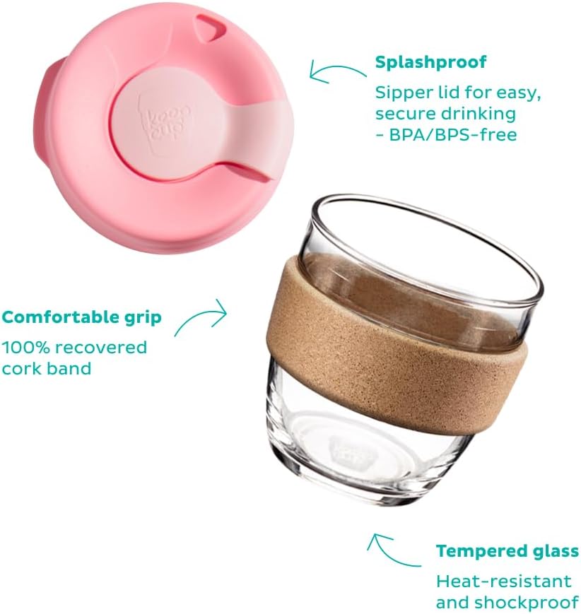 Brew Cork, Reusable Glass Tumbler with Natural Cork, Tall Coffee Cup 12oz / 340ml - Pine