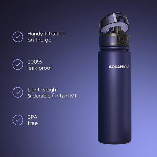 AQUAPHOR City Water Filter Bottle 17 oz | Reusable & Portable Filtered Water Bottle | BPA-Free | Perfect for Camping, Travel, Indoor & Outdoor Use | Navy Blue