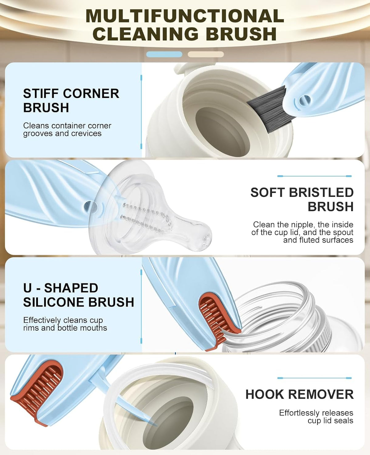 4 in 1 Cup Lid Gap Cleaning Brush Set 2 Pcs - Multifunctional Bottle Cleaning Brush Tools for Home Kitchen and Travel Cleaning | Portable Silicone Cup Lid Cleaner in 2 Colors