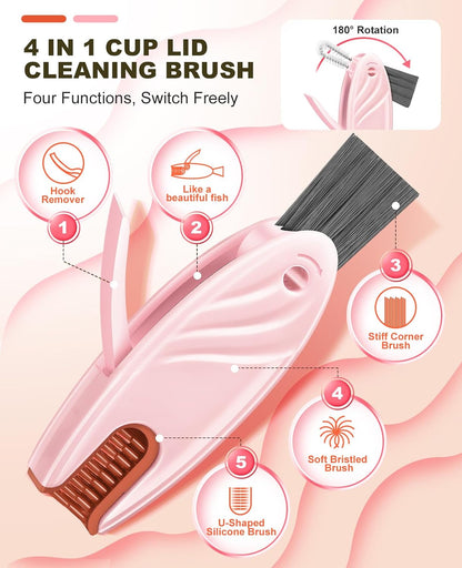 4 in 1 Cup Lid Gap Cleaning Brush Set 2 Pcs - Multifunctional Bottle Cleaning Brush Tools for Home Kitchen and Travel Cleaning | Portable Silicone Cup Lid Cleaner in 2 Colors