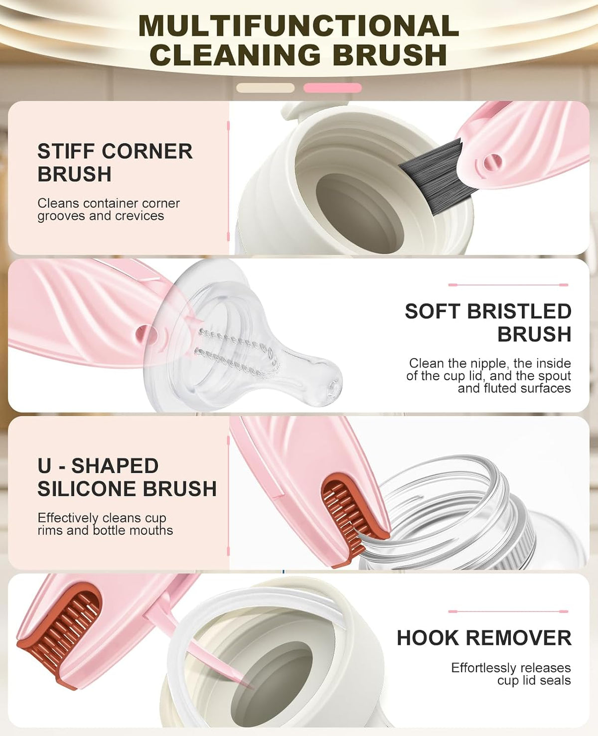 4 in 1 Cup Lid Gap Cleaning Brush Set 2 Pcs - Multifunctional Bottle Cleaning Brush Tools for Home Kitchen and Travel Cleaning | Portable Silicone Cup Lid Cleaner in 2 Colors