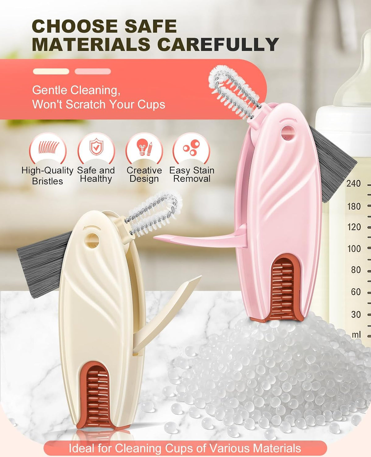 4 in 1 Cup Lid Gap Cleaning Brush Set 2 Pcs - Multifunctional Bottle Cleaning Brush Tools for Home Kitchen and Travel Cleaning | Portable Silicone Cup Lid Cleaner in 2 Colors