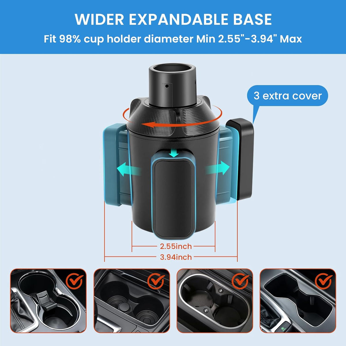 Car Cup Holder Expander, Hold 2.9" to 5.5" Large Bottles