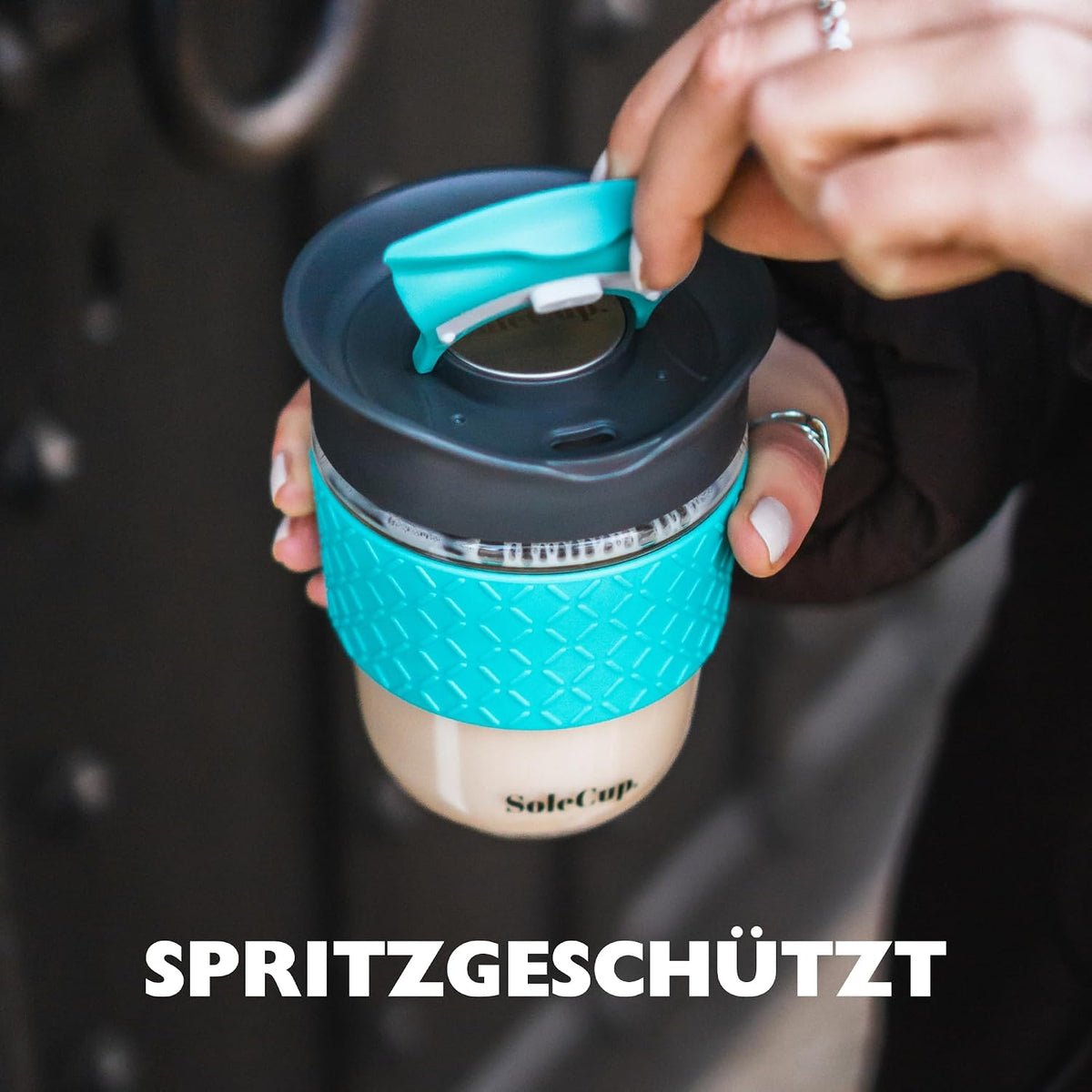 Reusable Strengthened Glass Travel Cup - Spill Proof Coffee Mug - 12oz/340ml BPA-Free Hot Drink Travel Mug with Lid & Silicone Band (Gray and Blue, 12oz)