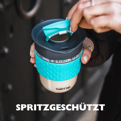 Reusable Strengthened Glass Travel Cup - Spill Proof Coffee Mug - 12oz/340ml BPA-Free Hot Drink Travel Mug with Lid & Silicone Band (Gray and Blue, 12oz)