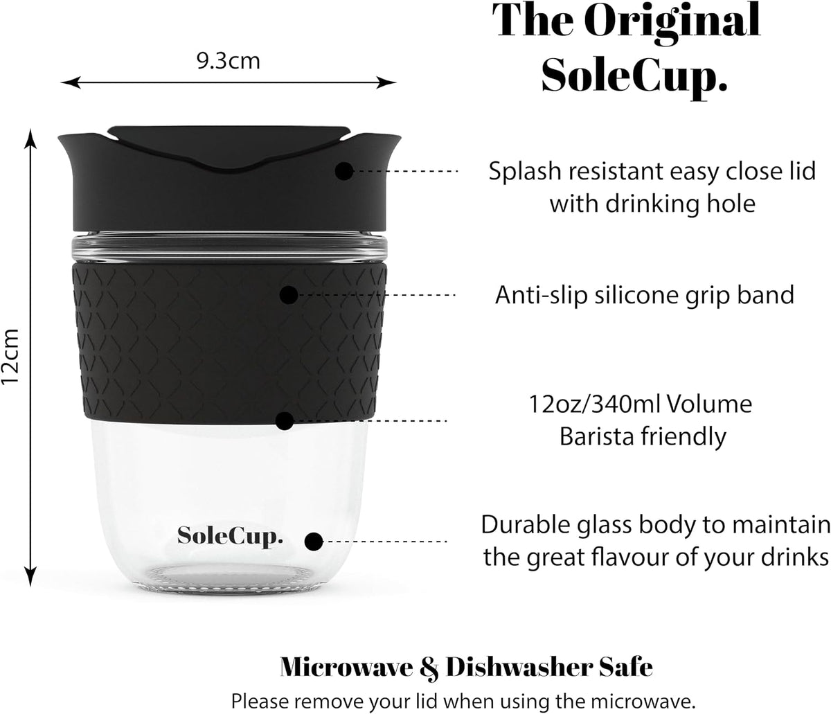 Reusable Strengthened Glass Travel Cup - Spill Proof Coffee Mug - 12oz/340ml BPA-Free Hot Drink Travel Mug with Lid & Silicone Band (Gray and Blue, 12oz)