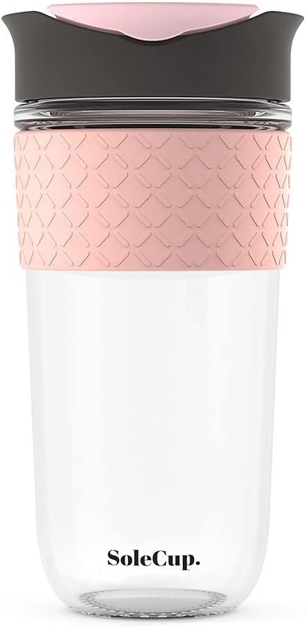 Reusable Strengthened Glass Travel Cup - Spill Proof Coffee Mug - 12oz/340ml BPA-Free Hot Drink Travel Mug with Lid & Silicone Band (Gray and Blue, 12oz)