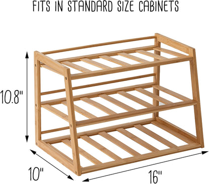 3-Tier Bamboo Water Bottle Organizer Rack - Stackable, Natural Wood Storage for Cabinet & Pantry