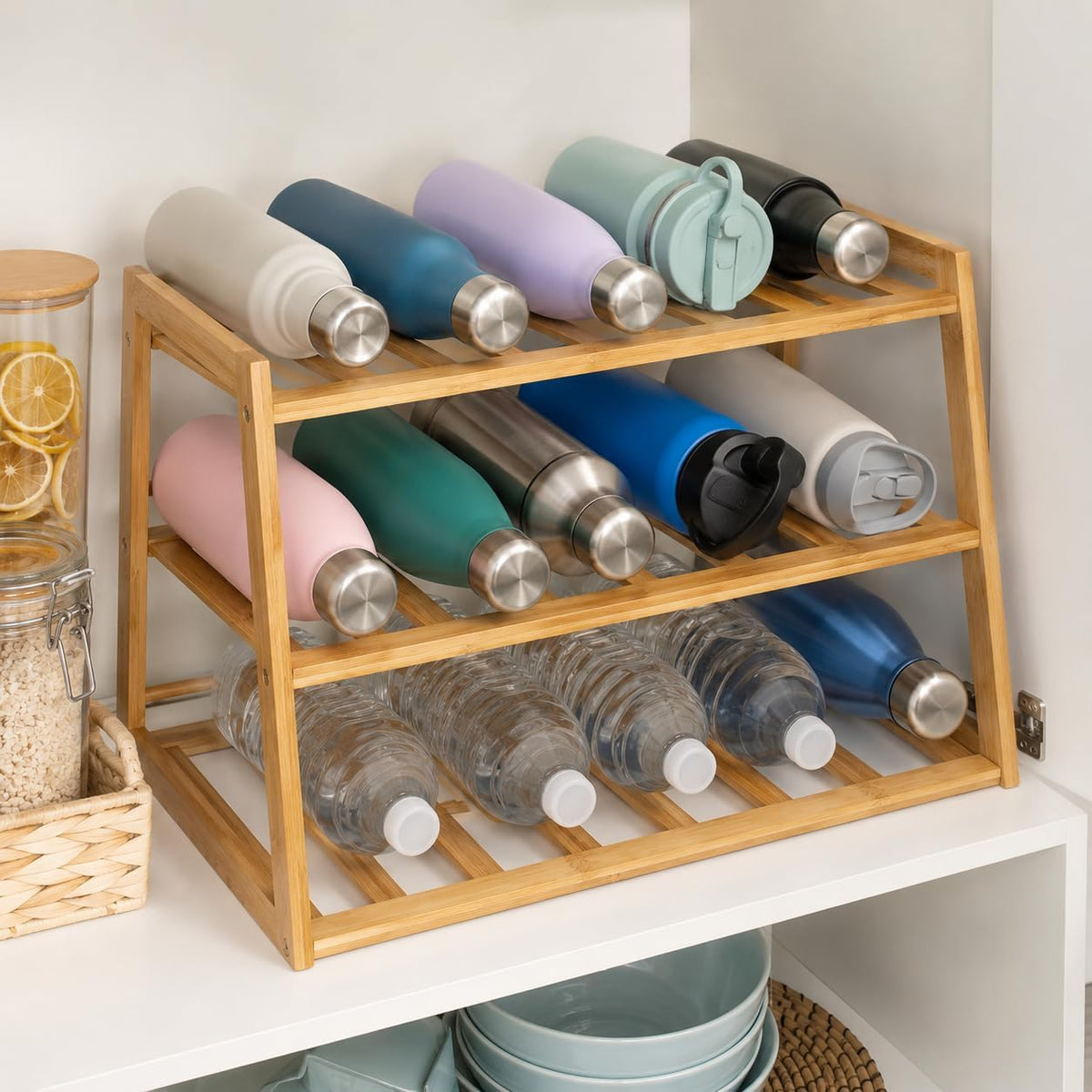 3-Tier Bamboo Water Bottle Organizer Rack - Stackable, Natural Wood Storage for Cabinet & Pantry