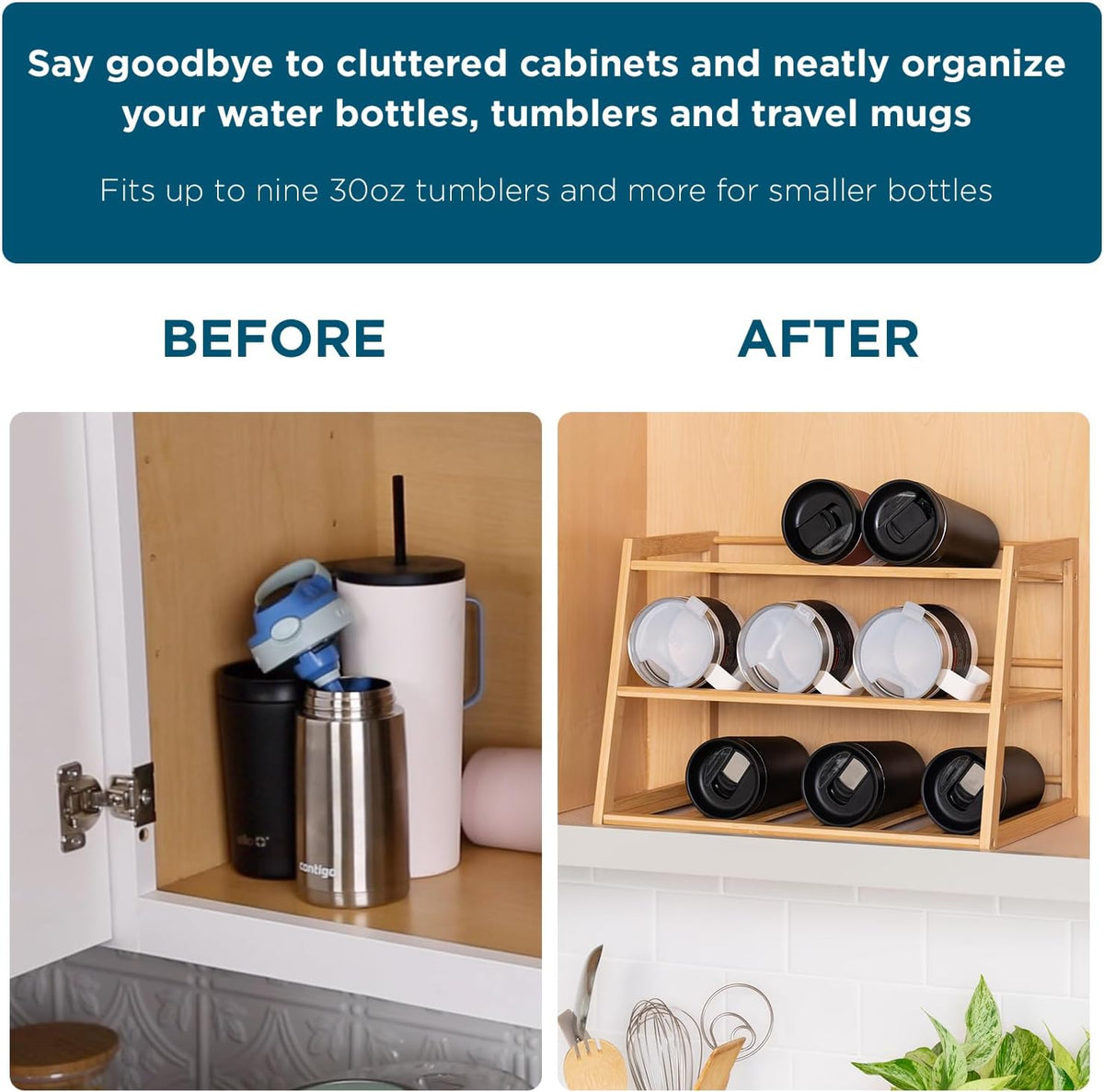3-Tier Bamboo Water Bottle Organizer Rack - Stackable, Natural Wood Storage for Cabinet & Pantry