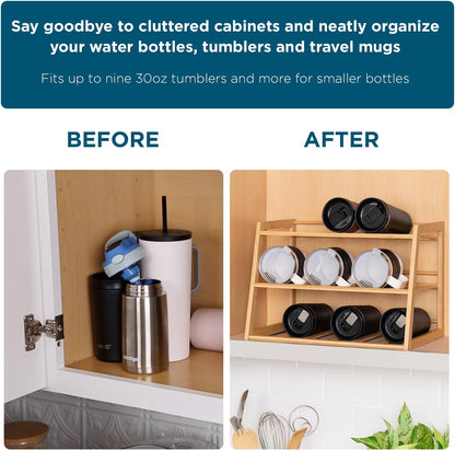 3-Tier Bamboo Water Bottle Organizer Rack - Stackable, Natural Wood Storage for Cabinet & Pantry