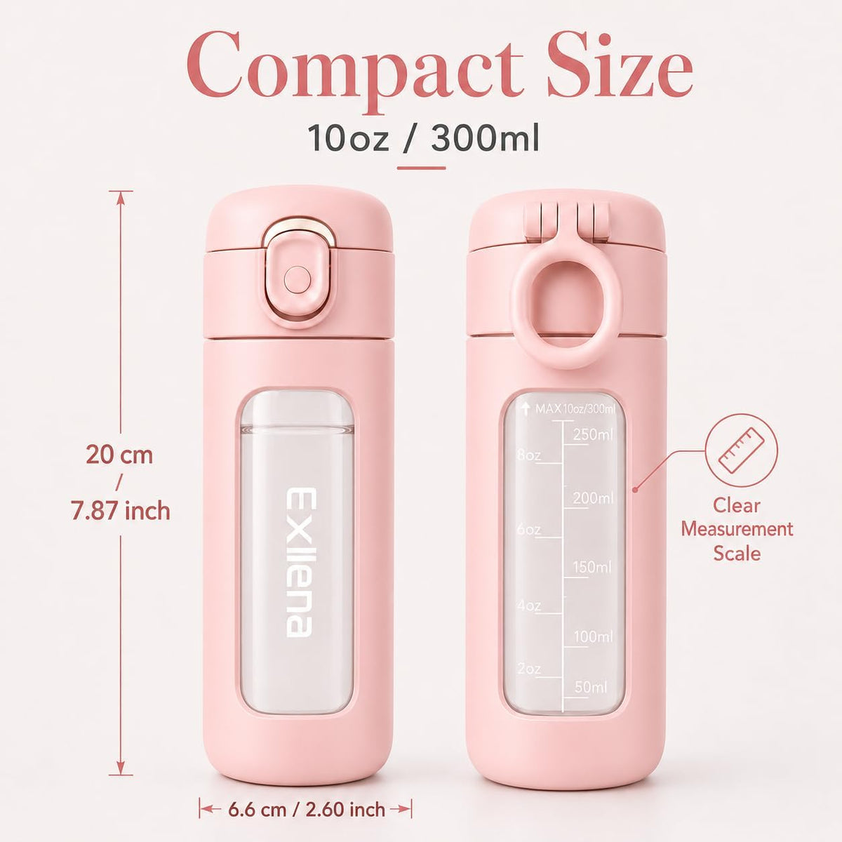 10oz Mini Glass Water Bottle with Straw Lid, Borosilicate Glass Cup with Carry Handle, Lockable Pop-Up Lid, Measurement Marks & Protective Sleeve for Milk, Juice, Water-Pink