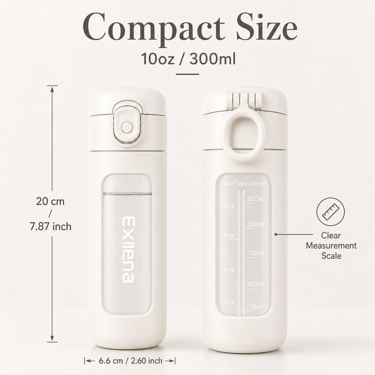 10oz Mini Glass Water Bottle with Straw Lid, Borosilicate Glass Cup with Carry Handle, Lockable Pop-Up Lid, Measurement Marks & Protective Sleeve for Milk, Juice, Water-Pink