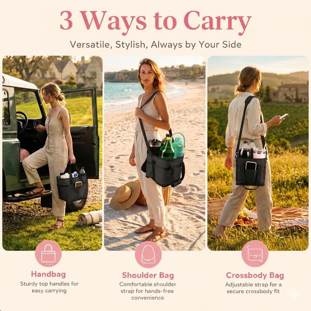 4-Cup Insulated Drink Carrier Bag with Shoulder Strap(BLACK) | Drink Carrier Tote Bag