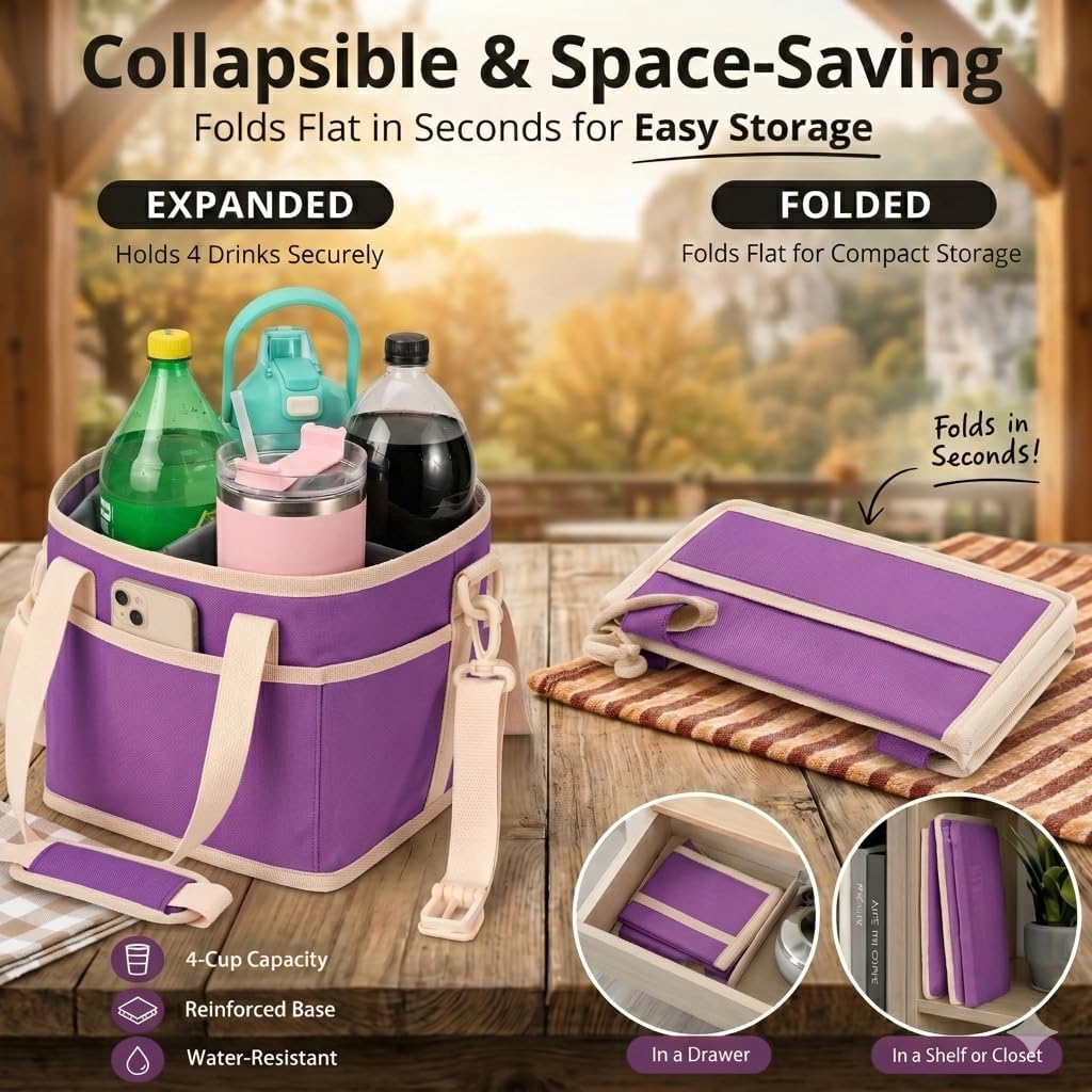4-Cup Insulated Drink Carrier Bag with Shoulder Strap(BLACK) | Drink Carrier Tote Bag
