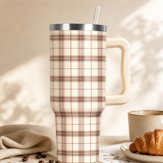 Plaid Tumbler with Handle Insulated Cup, Lid & Straw, 40 oz