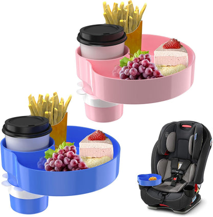 [2 Packs] Kids Car Seat Tray, Travel Tray with Cup Holder for Toddler Baby, Kids Car Seat Food Snack Organizer for Road Trip, Stroller snack, travel must haves - Pink