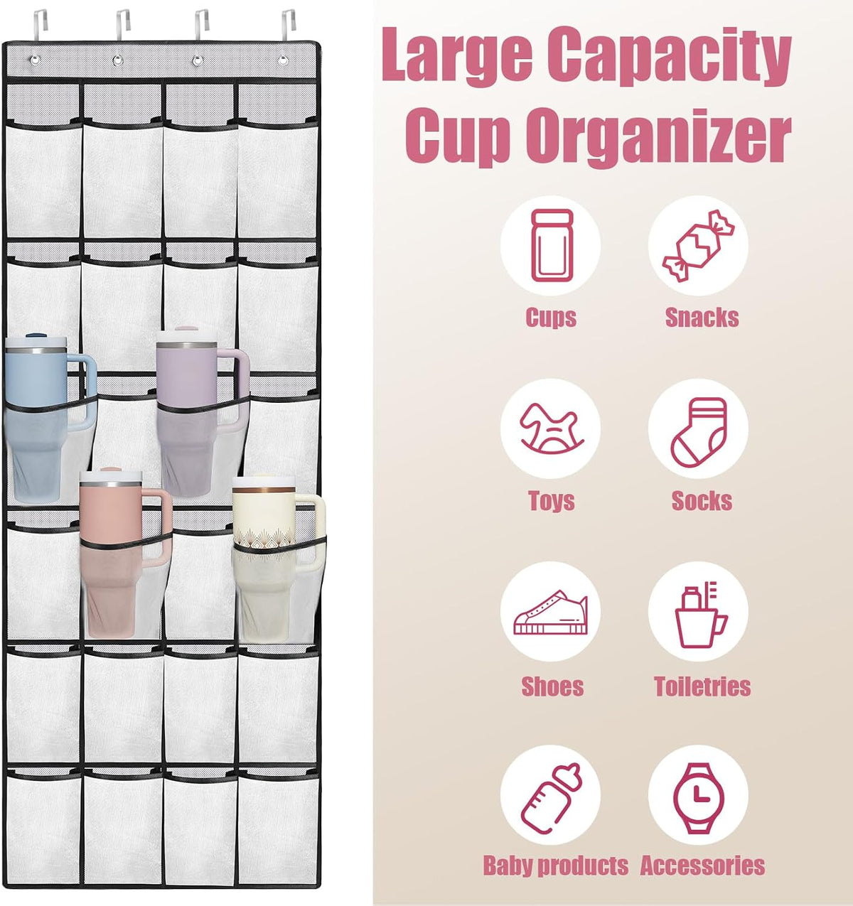 24 Pockets Cup Organizer for Stanley Cup Tumbler, Hanging Design