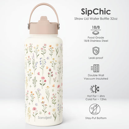 Pickleball Gift for Women, Water Bottle Stainless Steel 32oz with Lid & Straw, Sport Insulated Bottles Gifts for Girls Friends Teens Birthday Christmas - Colors B