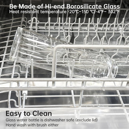 Glass Water Bottle 32 oz with 2 Lids and Straw, 1 Pack