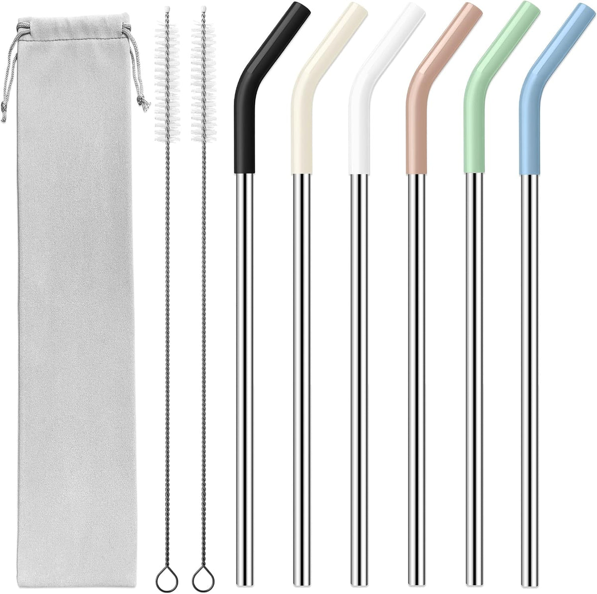 40 oz Stainless Metal Straws for 40 oz Stanley Tumbler, 6Pcs Reusable Straight Long Steel Straws with 12 Silicone Tips and 2 Straw Cleaning Brushes (6Color1, 40oz)