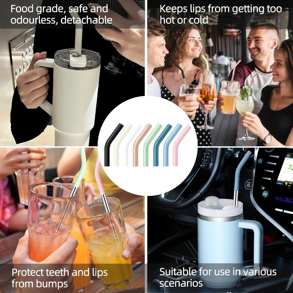 40 oz Stainless Metal Straws for 40 oz Stanley Tumbler, 6Pcs Reusable Straight Long Steel Straws with 12 Silicone Tips and 2 Straw Cleaning Brushes (6Color1, 40oz)