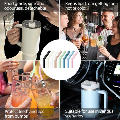 40 oz Stainless Metal Straws for 40 oz Stanley Tumbler, 6Pcs Reusable Straight Long Steel Straws with 12 Silicone Tips and 2 Straw Cleaning Brushes (6Color1, 40oz)