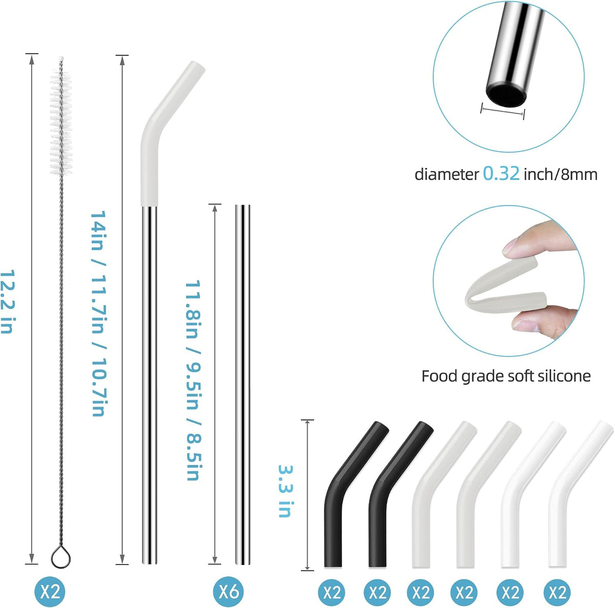 40 oz Stainless Metal Straws for 40 oz Stanley Tumbler, 6Pcs Reusable Straight Long Steel Straws with 12 Silicone Tips and 2 Straw Cleaning Brushes (6Color1, 40oz)
