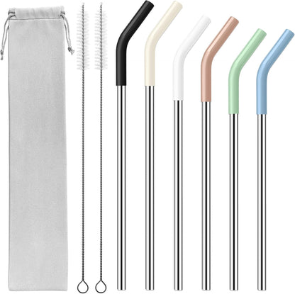 40 oz Stainless Metal Straws for 40 oz Stanley Tumbler, 6Pcs Reusable Straight Long Steel Straws with 12 Silicone Tips and 2 Straw Cleaning Brushes (6Color1, 40oz)