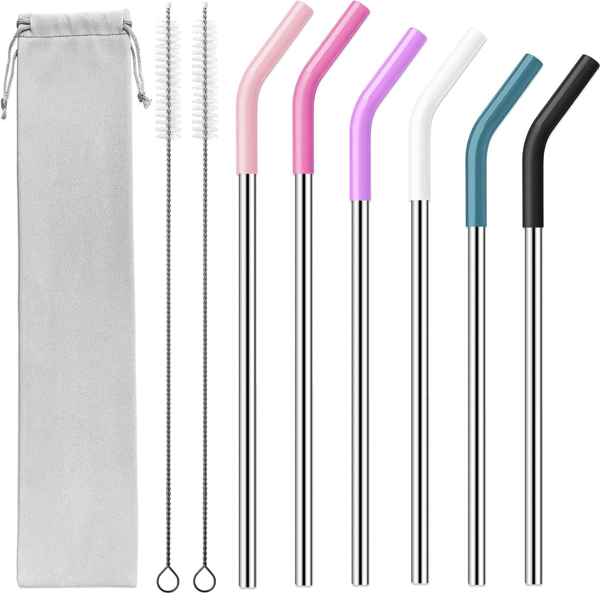 40 oz Stainless Metal Straws for 40 oz Stanley Tumbler, 6Pcs Reusable Straight Long Steel Straws with 12 Silicone Tips and 2 Straw Cleaning Brushes (6Color1, 40oz)