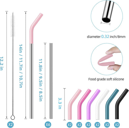 40 oz Stainless Metal Straws for 40 oz Stanley Tumbler, 6Pcs Reusable Straight Long Steel Straws with 12 Silicone Tips and 2 Straw Cleaning Brushes (6Color1, 40oz)