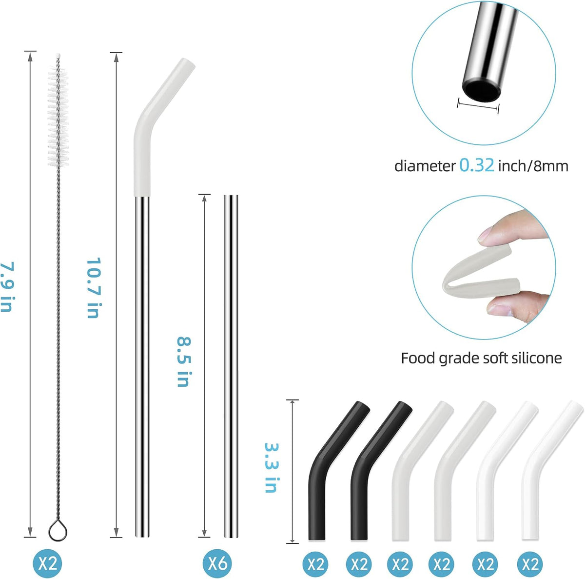 40 oz Stainless Metal Straws for 40 oz Stanley Tumbler, 6Pcs Reusable Straight Long Steel Straws with 12 Silicone Tips and 2 Straw Cleaning Brushes (6Color1, 40oz)