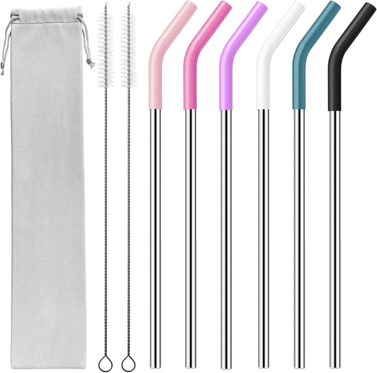 40 oz Stainless Metal Straws for 40 oz Stanley Tumbler, 6Pcs Reusable Straight Long Steel Straws with 12 Silicone Tips and 2 Straw Cleaning Brushes (6Color1, 40oz)