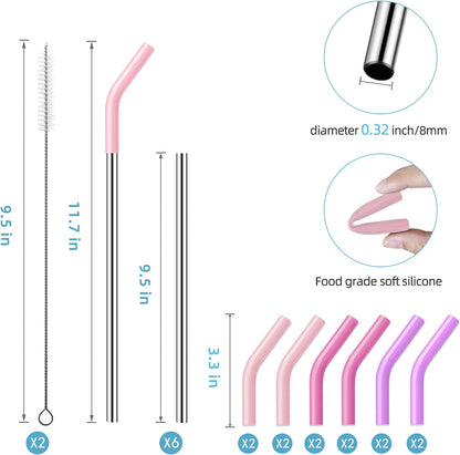 40 oz Stainless Metal Straws for 40 oz Stanley Tumbler, 6Pcs Reusable Straight Long Steel Straws with 12 Silicone Tips and 2 Straw Cleaning Brushes (6Color1, 40oz)