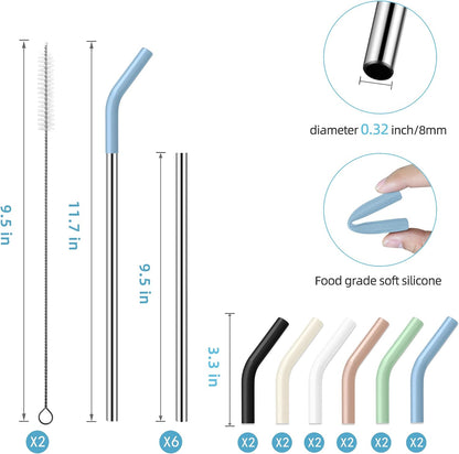 40 oz Stainless Metal Straws for 40 oz Stanley Tumbler, 6Pcs Reusable Straight Long Steel Straws with 12 Silicone Tips and 2 Straw Cleaning Brushes (6Color1, 40oz)