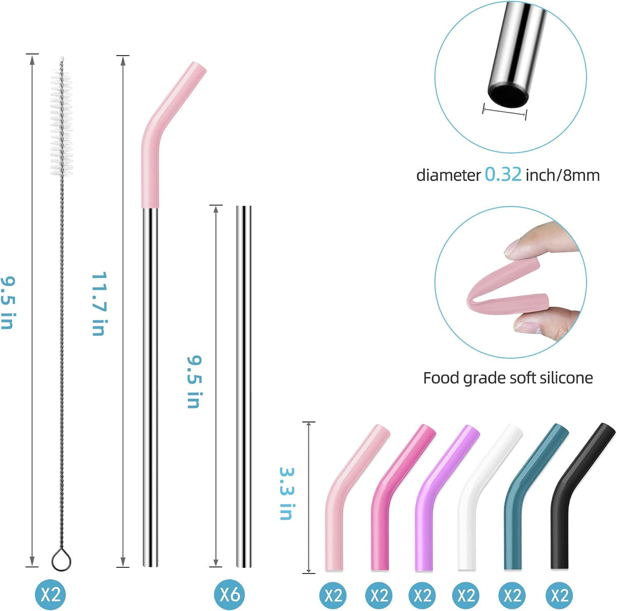40 oz Stainless Metal Straws for 40 oz Stanley Tumbler, 6Pcs Reusable Straight Long Steel Straws with 12 Silicone Tips and 2 Straw Cleaning Brushes (6Color1, 40oz)