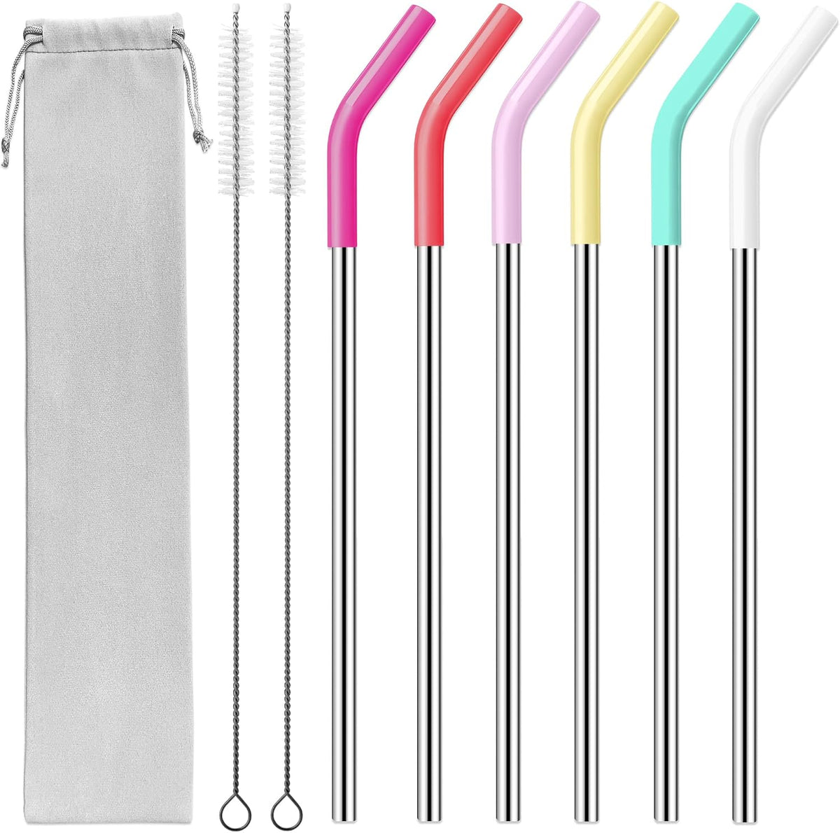 40 oz Stainless Metal Straws for 40 oz Stanley Tumbler, 6Pcs Reusable Straight Long Steel Straws with 12 Silicone Tips and 2 Straw Cleaning Brushes (6Color1, 40oz)
