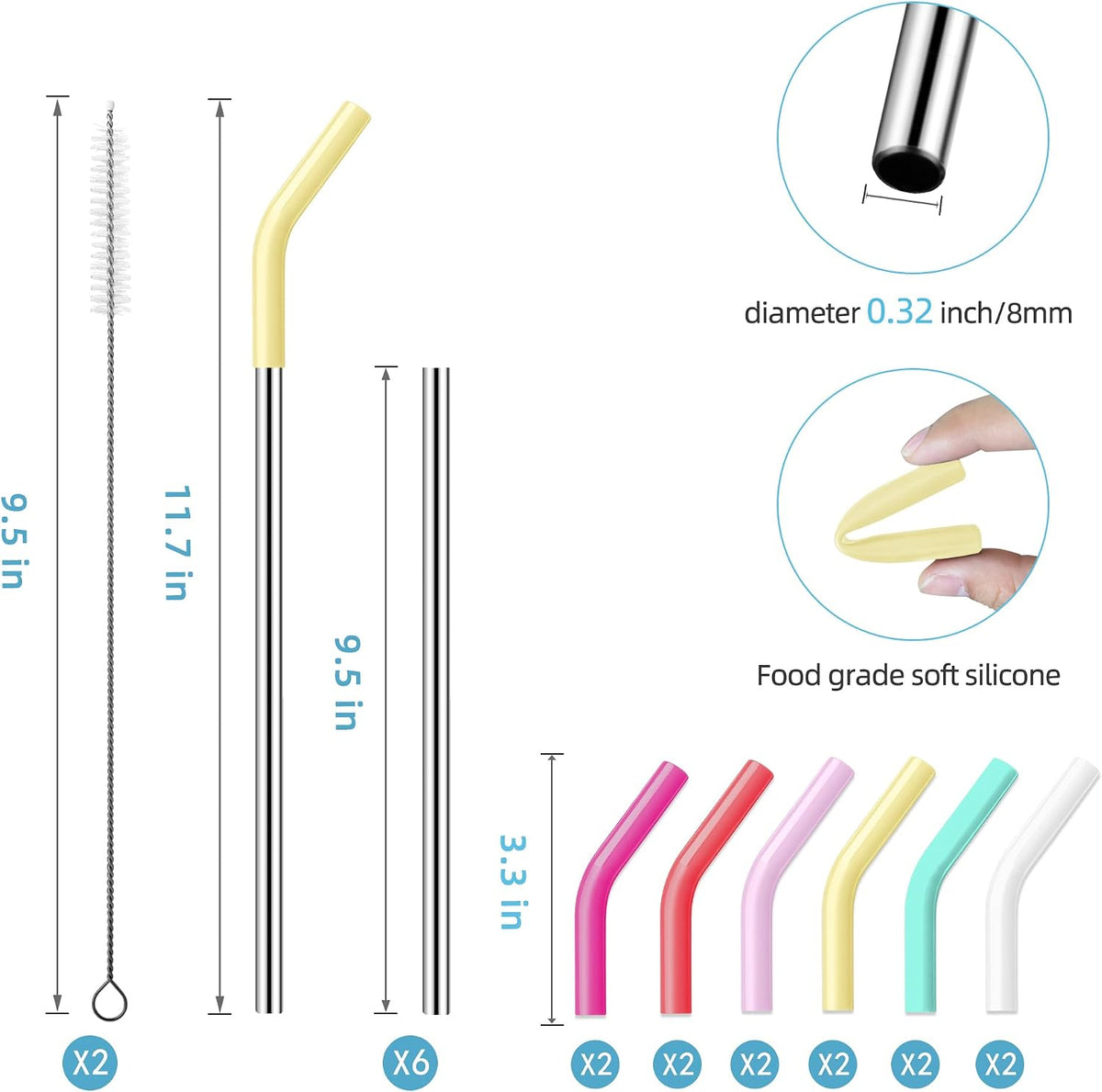 40 oz Stainless Metal Straws for 40 oz Stanley Tumbler, 6Pcs Reusable Straight Long Steel Straws with 12 Silicone Tips and 2 Straw Cleaning Brushes (6Color1, 40oz)