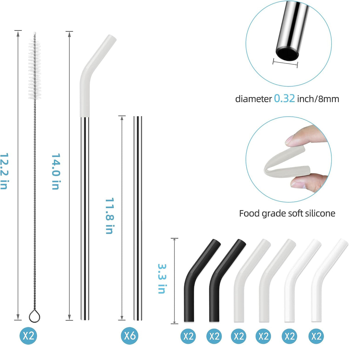 40 oz Stainless Metal Straws for 40 oz Stanley Tumbler, 6Pcs Reusable Straight Long Steel Straws with 12 Silicone Tips and 2 Straw Cleaning Brushes (6Color1, 40oz)