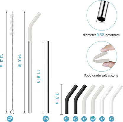 40 oz Stainless Metal Straws for 40 oz Stanley Tumbler, 6Pcs Reusable Straight Long Steel Straws with 12 Silicone Tips and 2 Straw Cleaning Brushes (6Color1, 40oz)