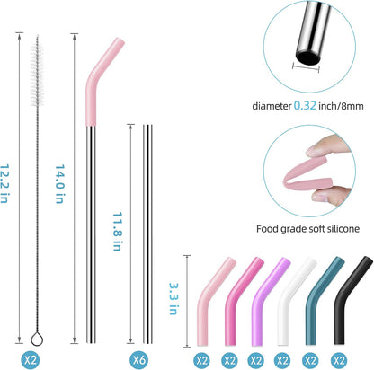 40 oz Stainless Metal Straws for 40 oz Stanley Tumbler, 6Pcs Reusable Straight Long Steel Straws with 12 Silicone Tips and 2 Straw Cleaning Brushes (6Color1, 40oz)